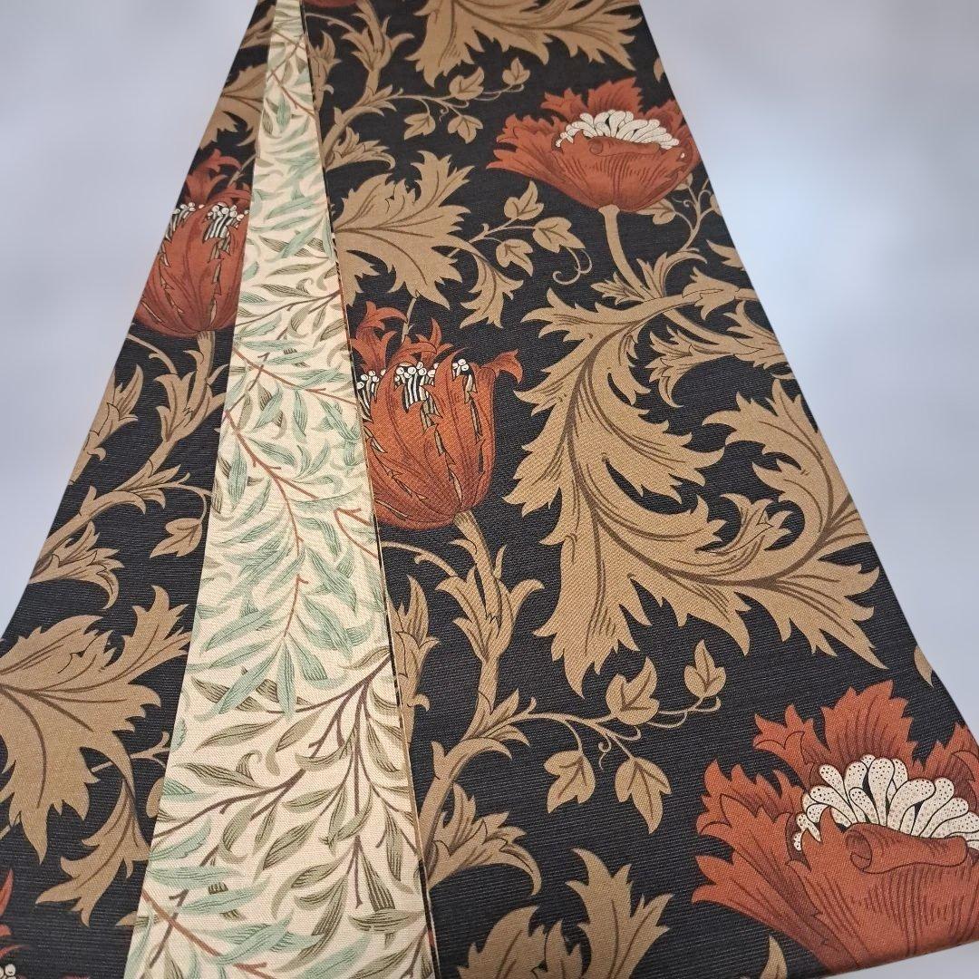 半幅帯　長尺　ウィリアムモリス　アネモネ　赤茶　×ウィローボゥ　リバーシブル