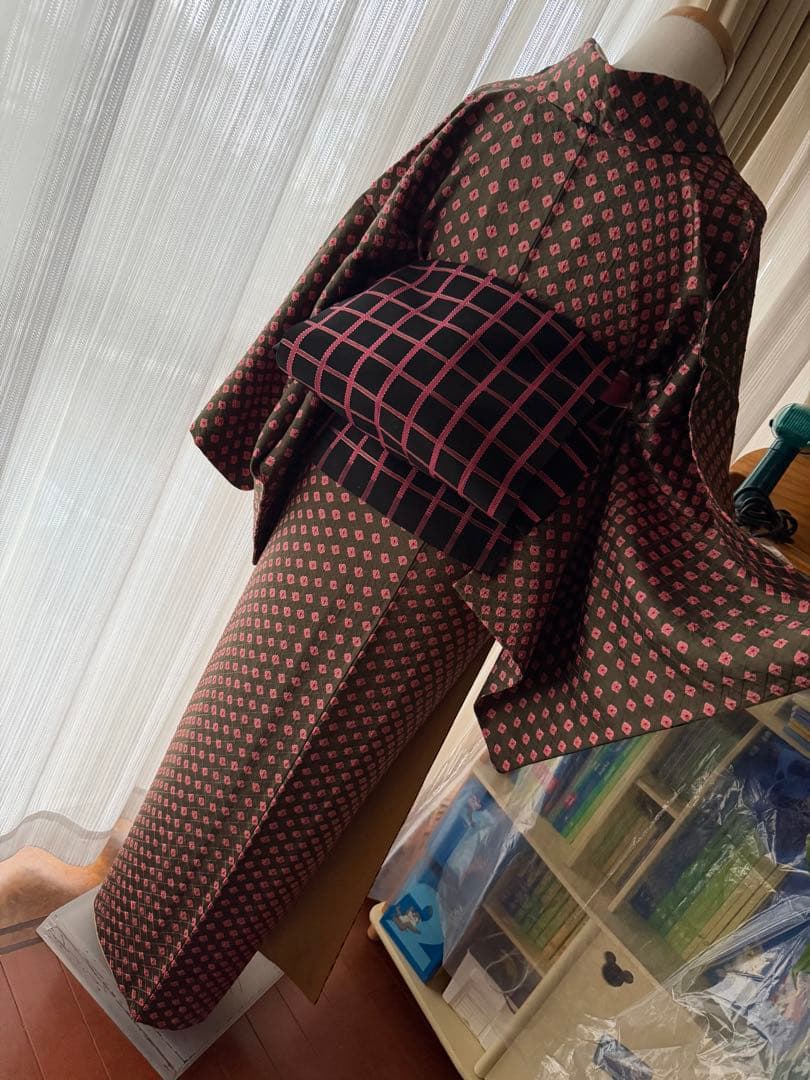 よし 正絹 小紋 着物 チョコブラウン×ピンク 総絞り 単品