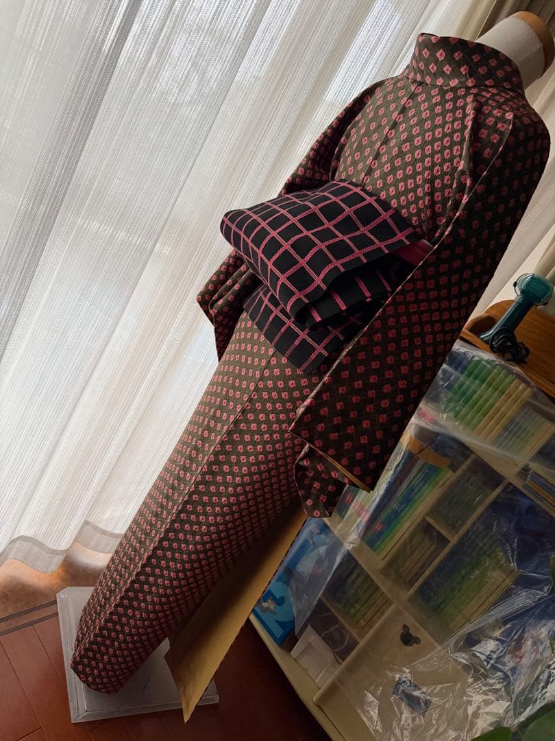 よし 正絹 小紋 着物 チョコブラウン×ピンク 総絞り 単品