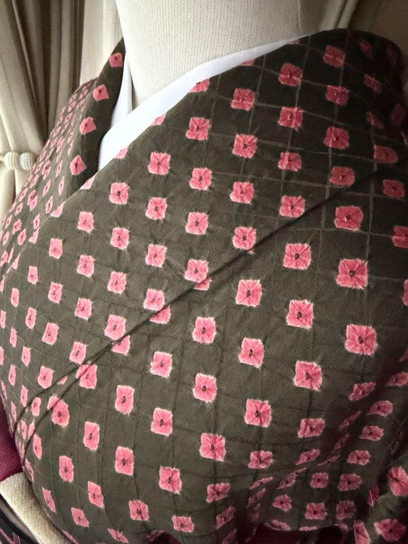 よし 正絹 小紋 着物 チョコブラウン×ピンク 総絞り 単品