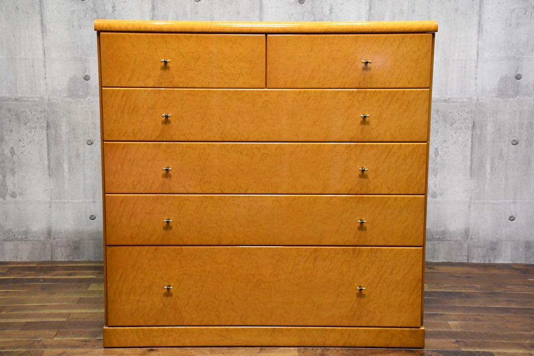 DEK41 府中家具 バーズアイメープル 5段チェスト 最高級 鳥目杢 桐タンス