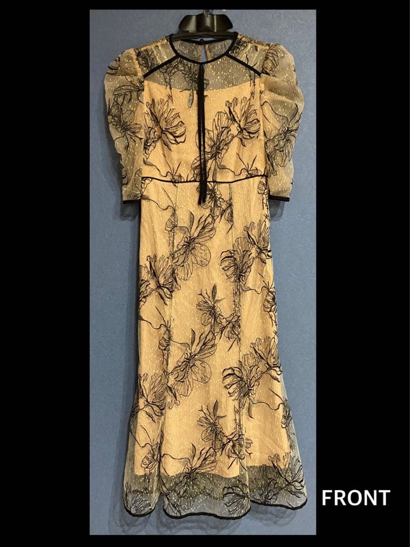 花柄リボンパフスリーブマーメイドワンピースドレス【S】