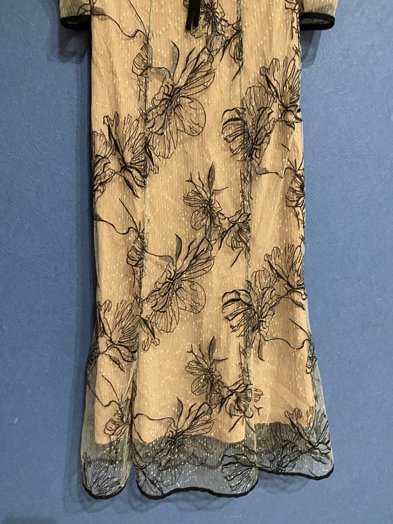 花柄リボンパフスリーブマーメイドワンピースドレス【S】