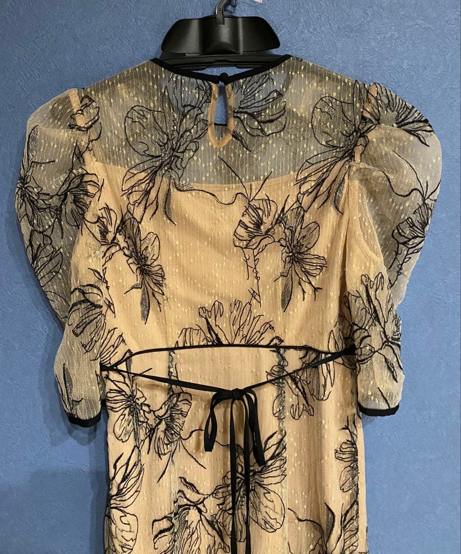 花柄リボンパフスリーブマーメイドワンピースドレス【S】