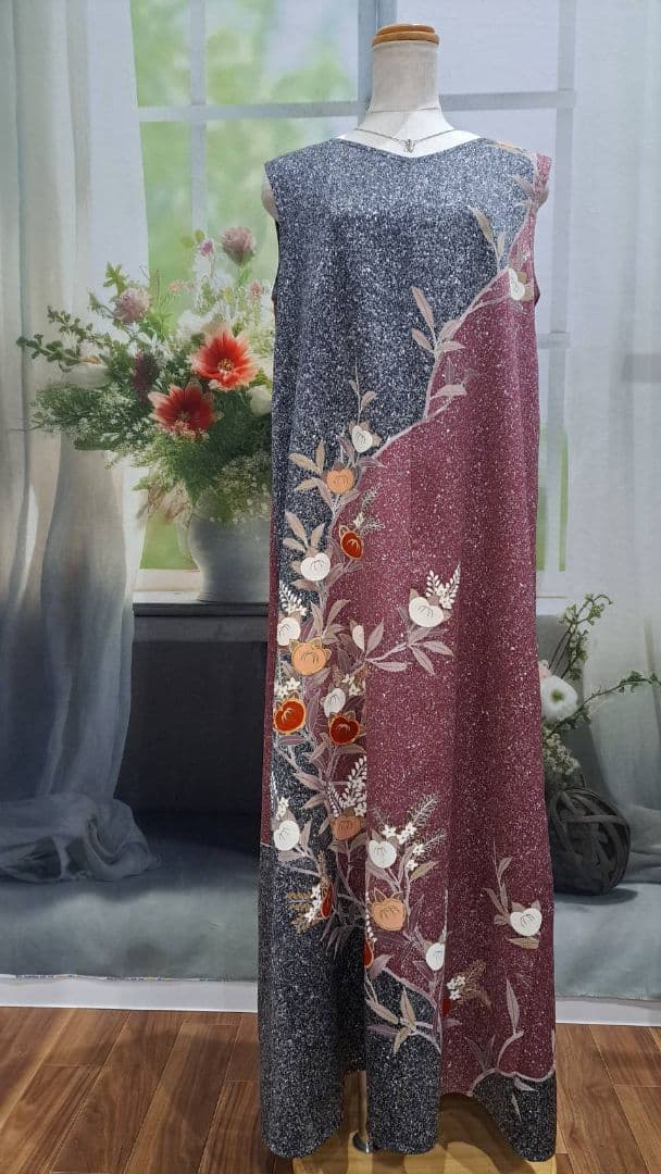 着物リメイク　ワンピース　たたき染め　正絹　作家物　ハンドメイド