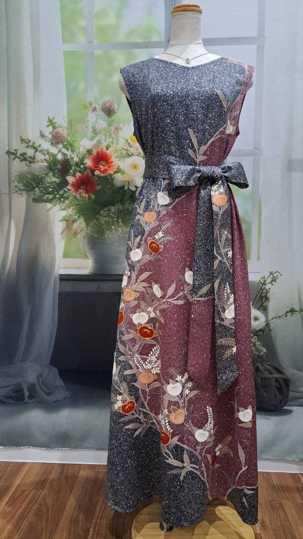 着物リメイク　ワンピース　たたき染め　正絹　作家物　ハンドメイド