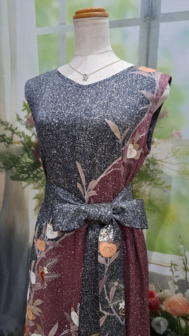 着物リメイク　ワンピース　たたき染め　正絹　作家物　ハンドメイド