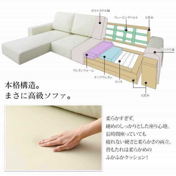 フロアコーナーカウチソファ　3人掛け　背もたれハイタイプ　アイボリーレザー調