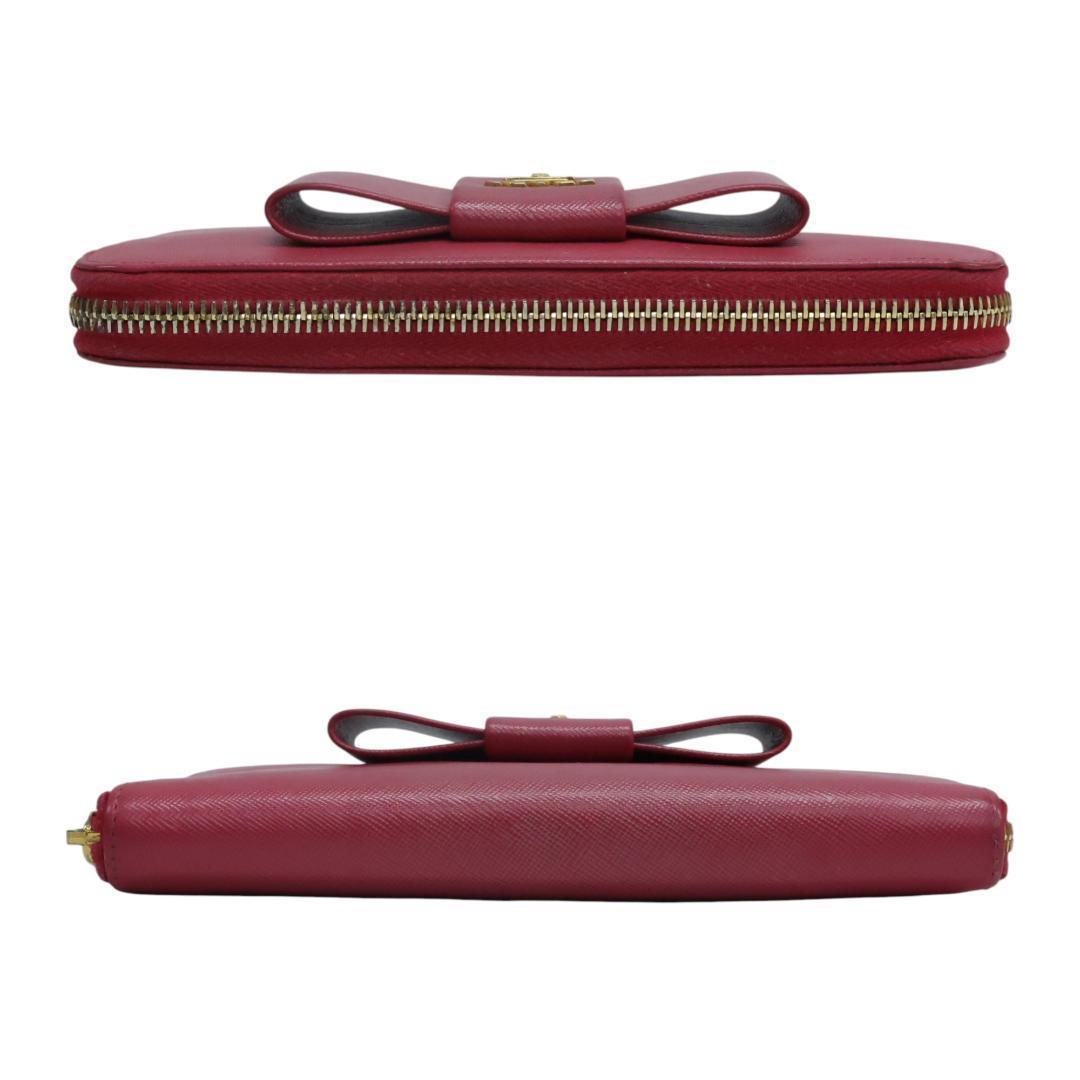 美品 PRADA プラダ 長財布 ラウンドファスナー リボン レザー ピンク