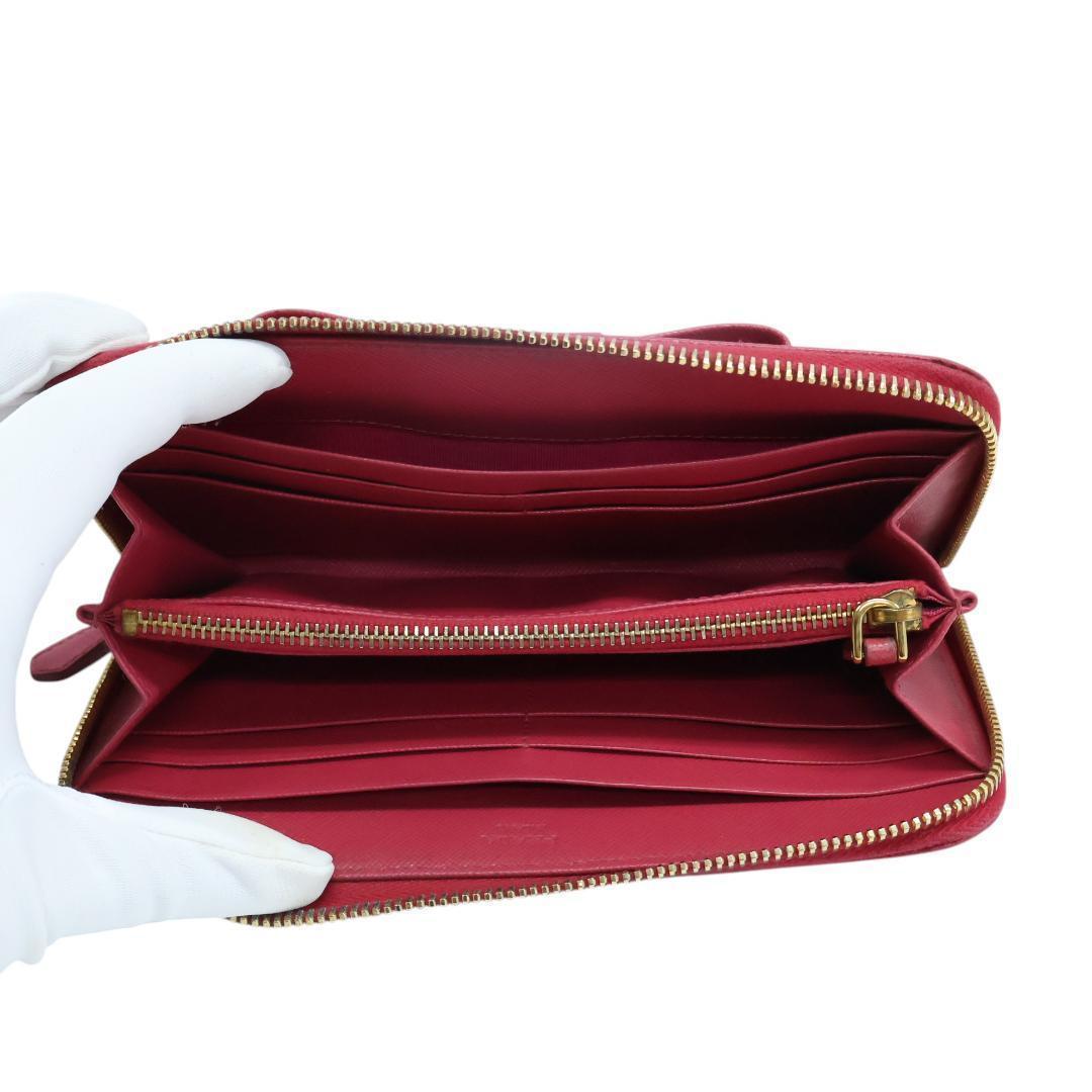 美品 PRADA プラダ 長財布 ラウンドファスナー リボン レザー ピンク
