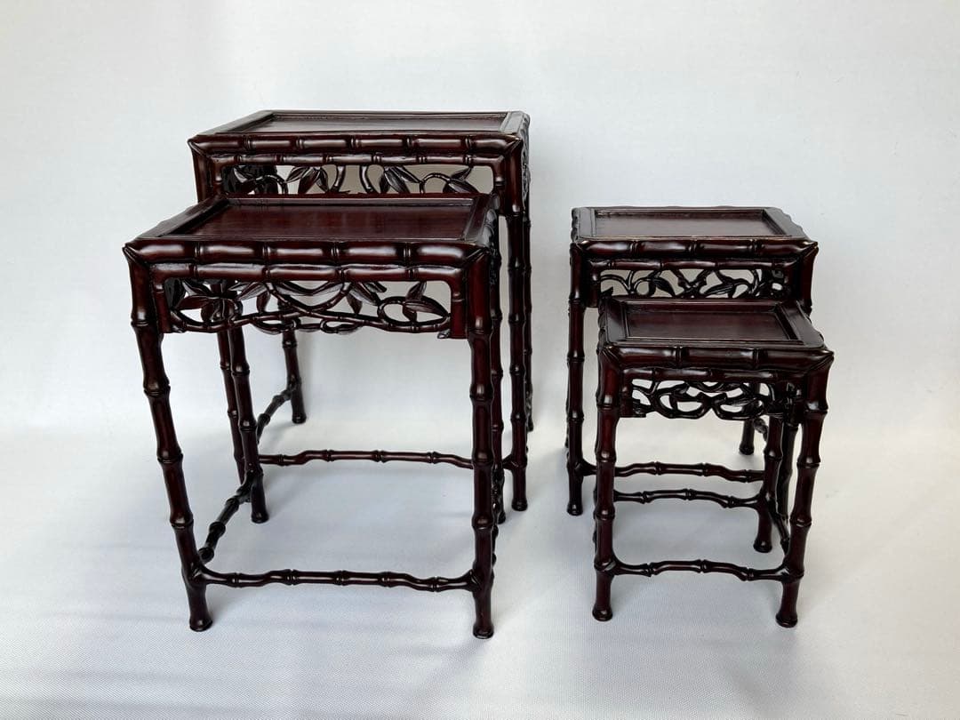 飾り台　4個組　盆栽台　花台　香炉台　茶華道具　木製　透かし彫り　GA3