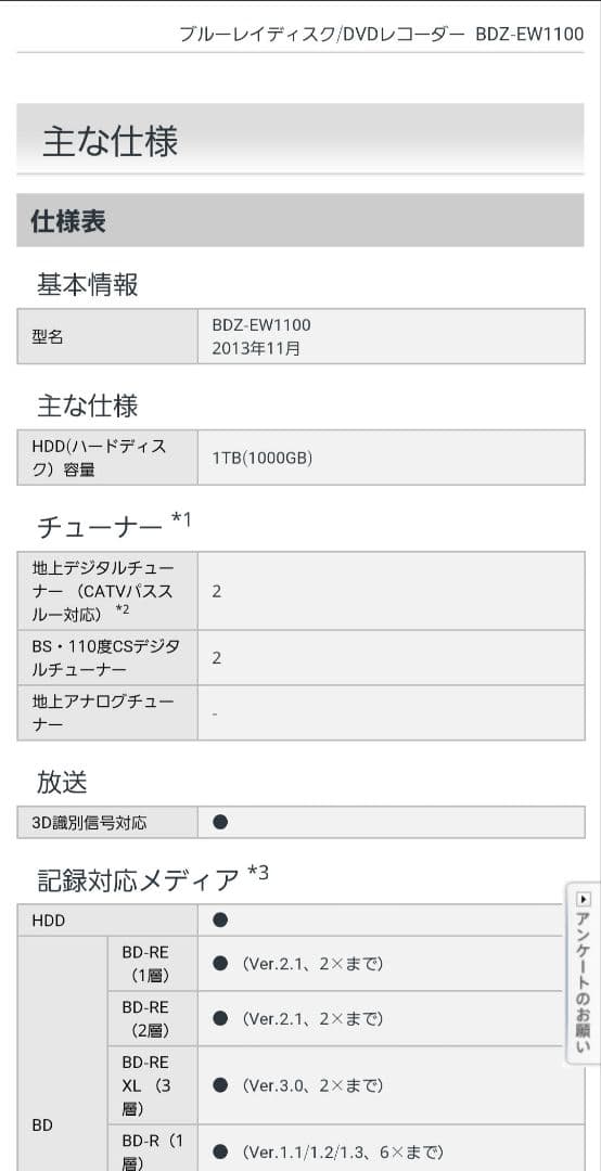 SONY ブルーレイレコーダー BDZ-EW1100　別売ケーブル付き