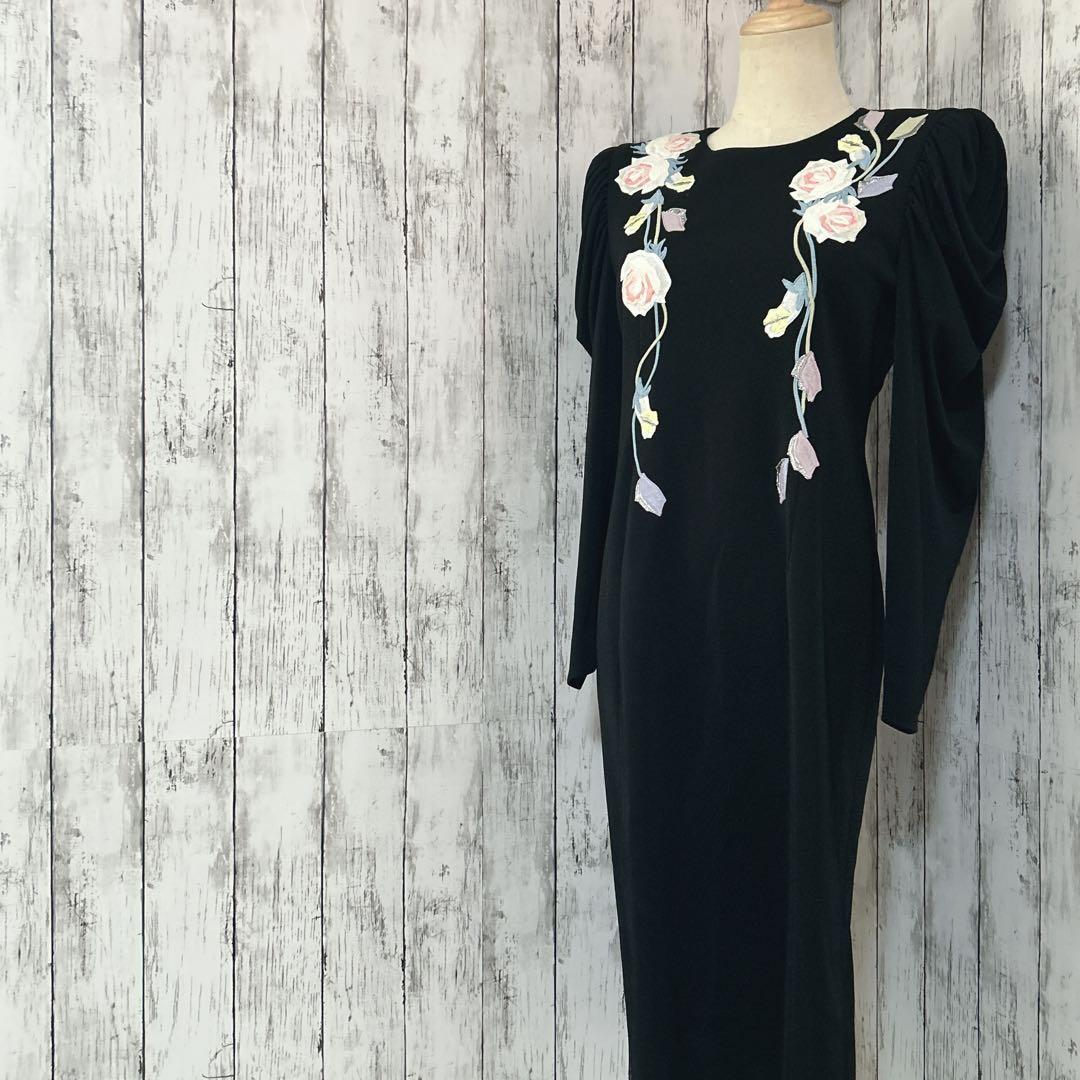 極美品【ミズレイコ】ローズ刺繍ロングワンピース 日本製 ヴィンテージ