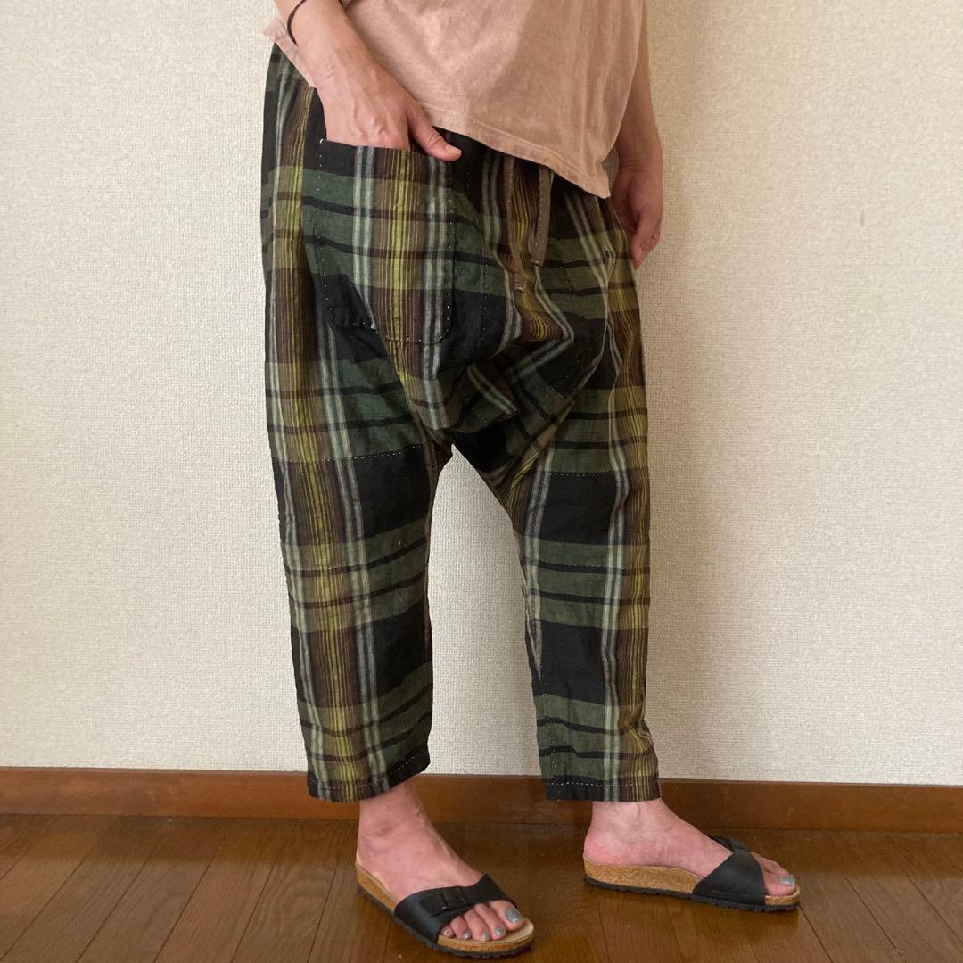 昭和レトロ 古布 布団皮 格子柄 ピエロもんぺ サルエル モンキーパンツ