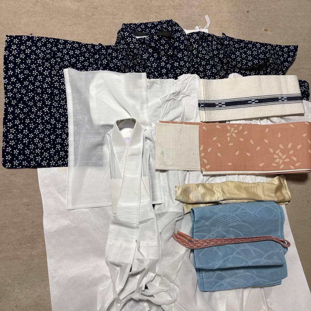 綿絽　夏着物　小紋着物セット 紺色花柄豪華7点セット