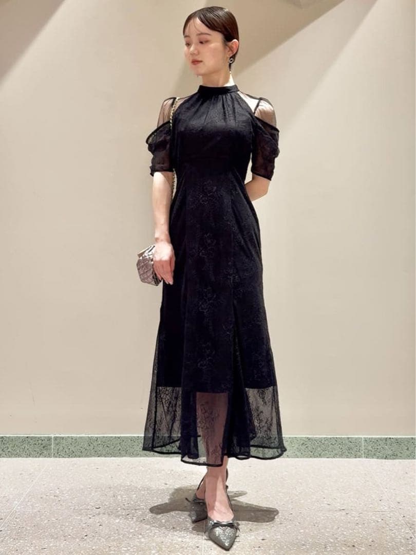 snidel シアーショルダーレースドレス ブラック