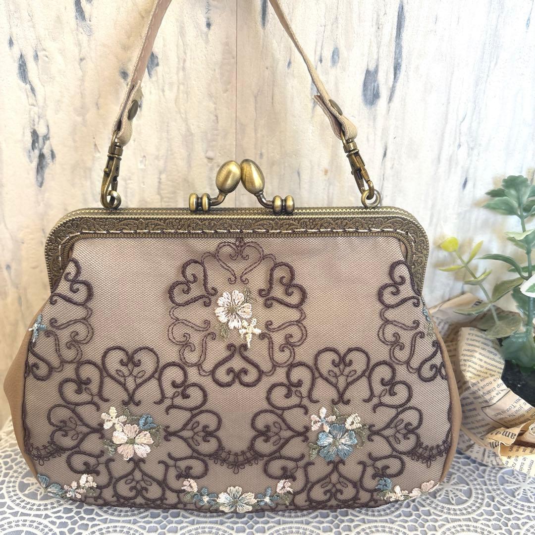 あおりがま口バッグ&がま口ポーチセット　アンティーク花柄レース　ハンドメイド