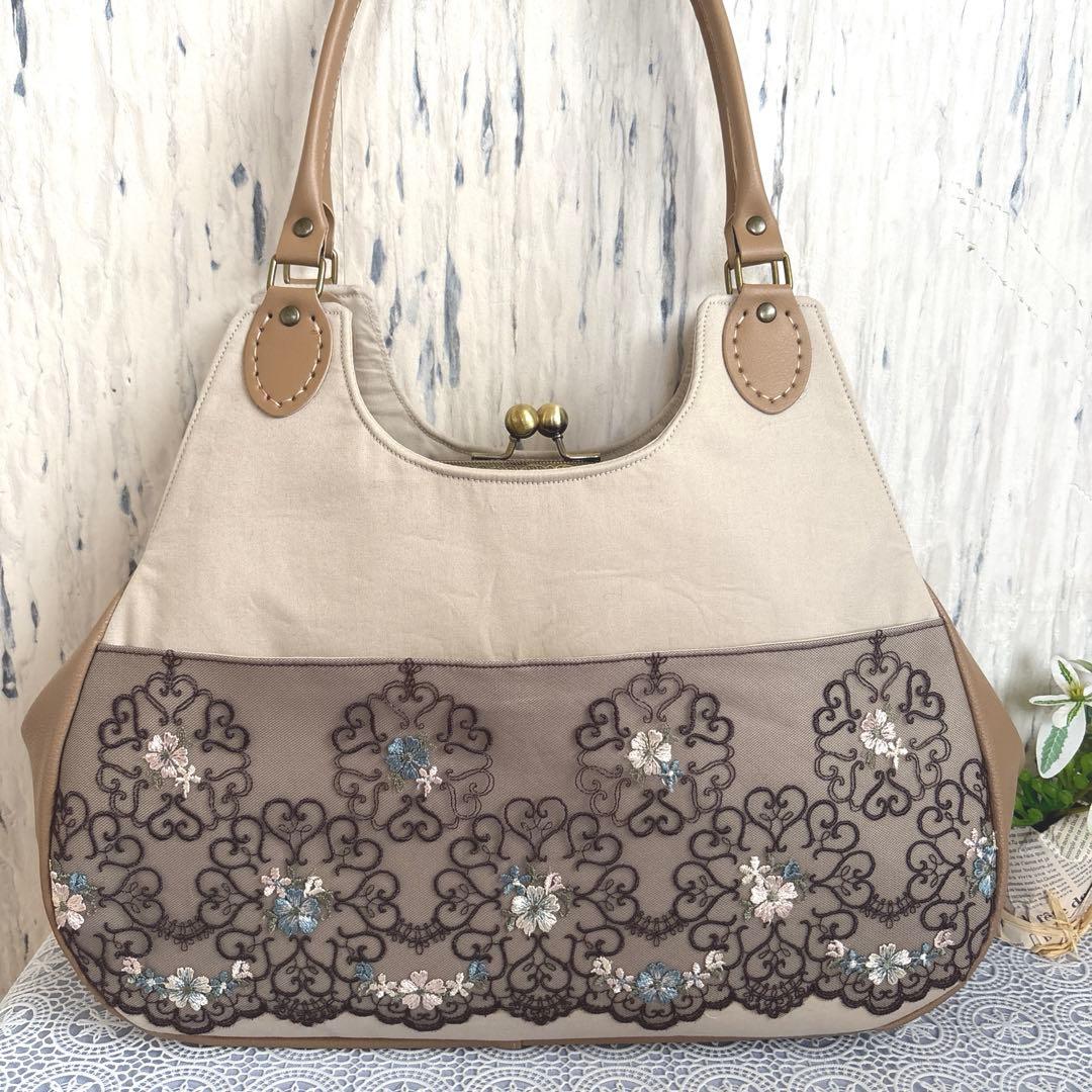 あおりがま口バッグ&がま口ポーチセット　アンティーク花柄レース　ハンドメイド