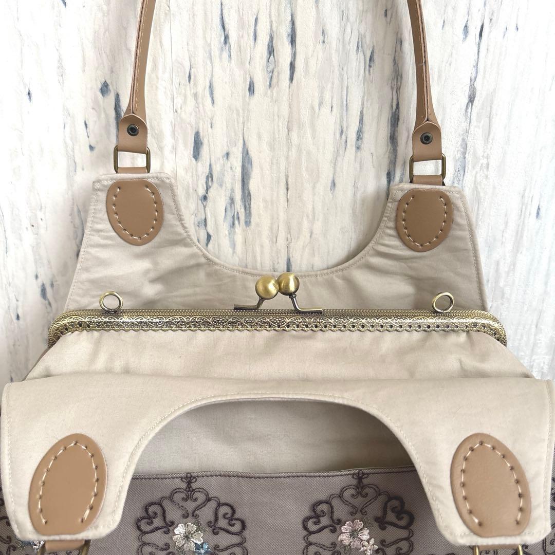 あおりがま口バッグ&がま口ポーチセット　アンティーク花柄レース　ハンドメイド