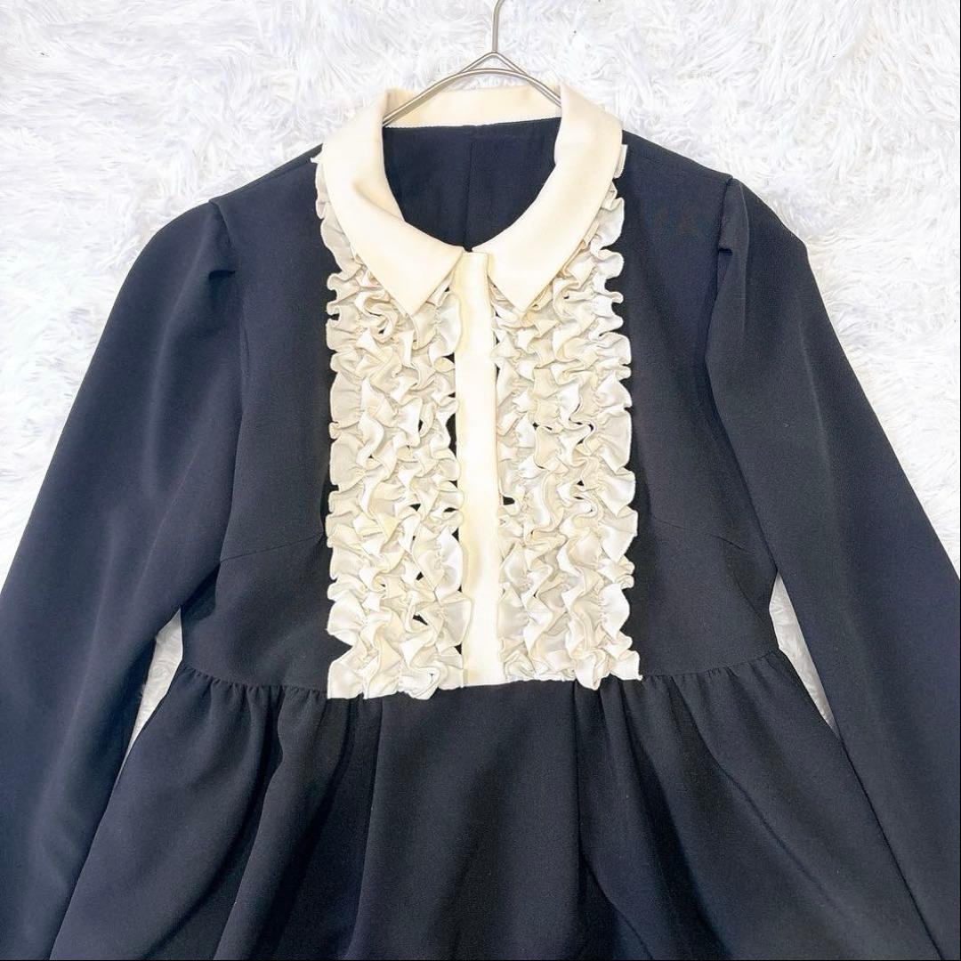 チェスティ バイカラー フリルワンピース S ロング 黒 生成り