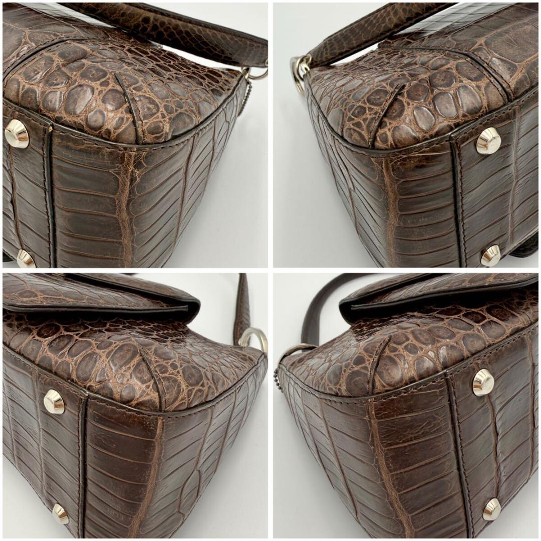 【JRA認定】マットクロコダイル ハンドバッグ ブラウン 本革 ンター取り