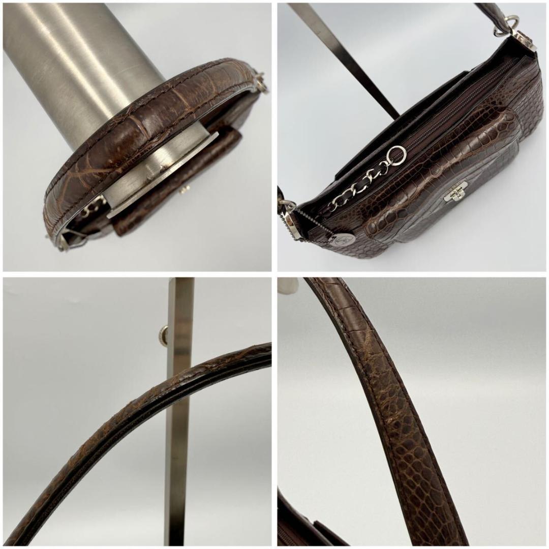【JRA認定】マットクロコダイル ハンドバッグ ブラウン 本革 ンター取り