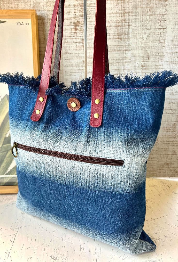 ロラライハリス♡ブルーグラデデニム♡刺繍の本革持ち手のフリンジ肩掛けバッグ