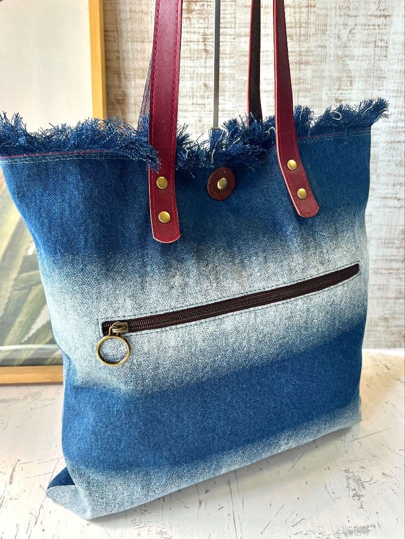 ロラライハリス♡ブルーグラデデニム♡刺繍の本革持ち手のフリンジ肩掛けバッグ