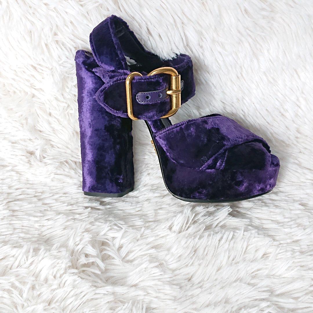 PRADA ベロア ベルベット プラットフォーム サンダル ゴールド金具 紫