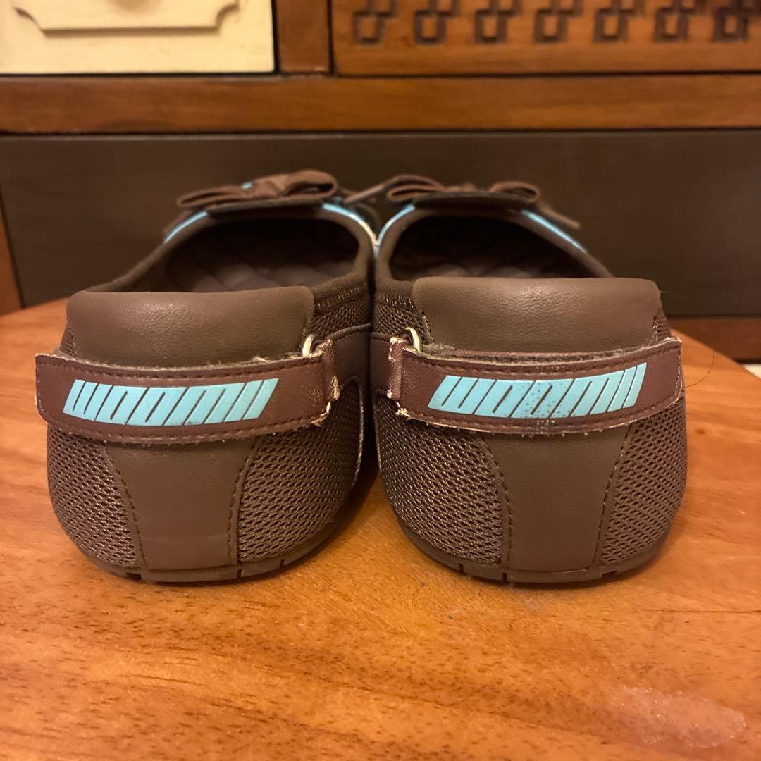 woomiiリボン付きブラウンブルーフラットシューズ