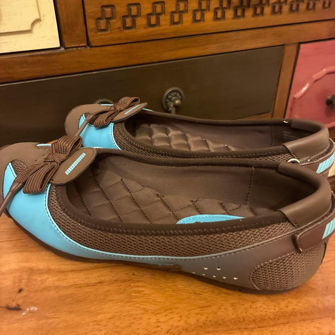 woomiiリボン付きブラウンブルーフラットシューズ