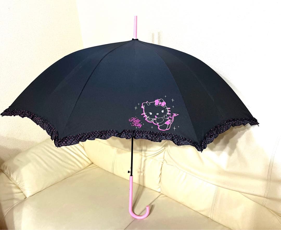 平成レトロ　サンリオ　ハローキティ　天使傘　フリル　ドット　ブラックピンク　レア