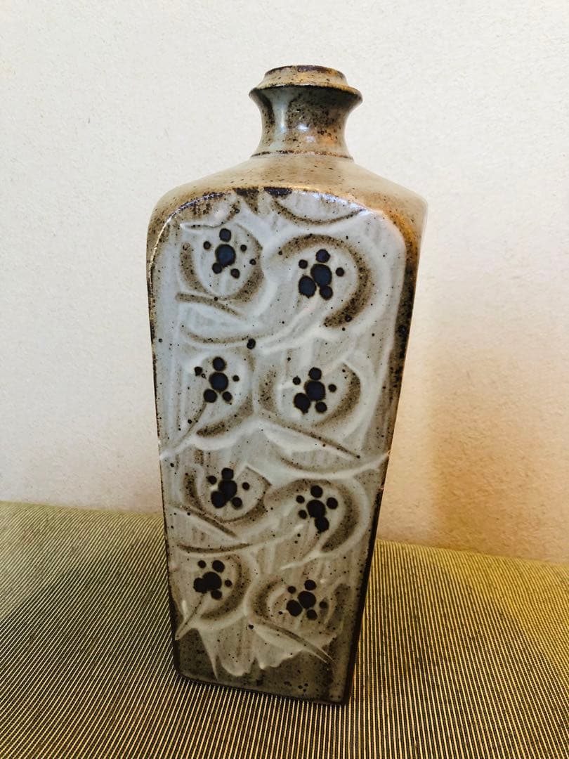 益子焼　人間国宝　島岡達三　象嵌方瓶　角花瓶　28cm