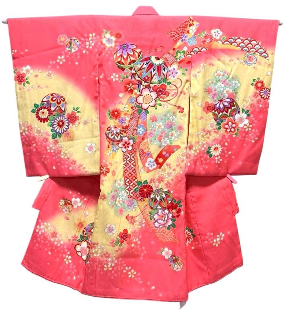 美品　女の子　初着　一つ身着物、襦袢セット　ピンク×パステルイエロー　正絹