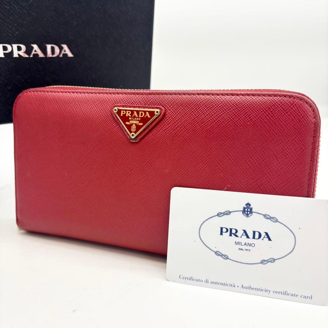 【美品】PRADA サフィアーノ ラウンドファスナー 長財布 レッド