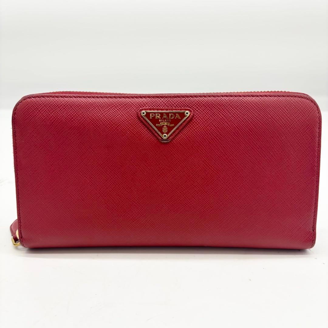 【美品】PRADA サフィアーノ ラウンドファスナー 長財布 レッド