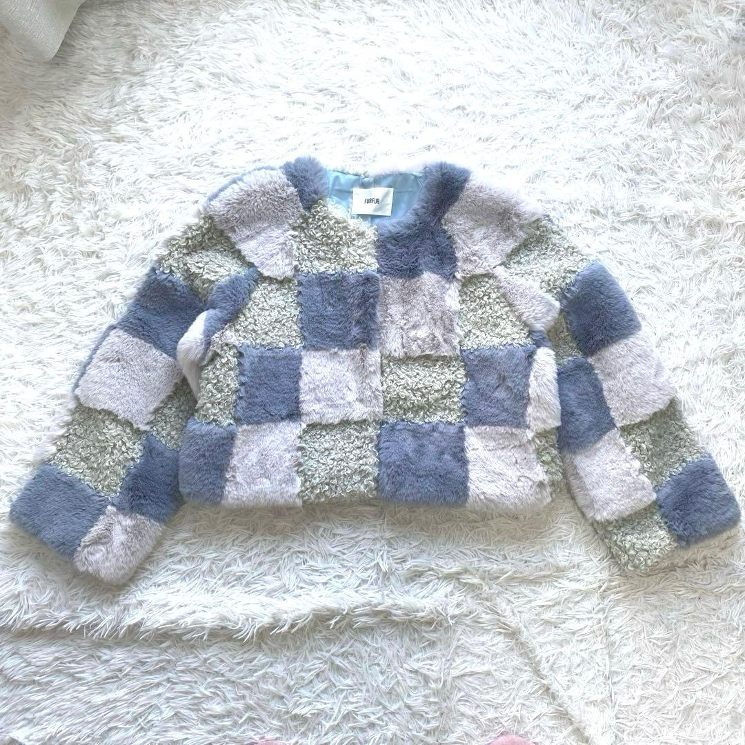 FUR FUR エコファー　ミックスブルゾン　ファーコート　ジャケット　ブルー