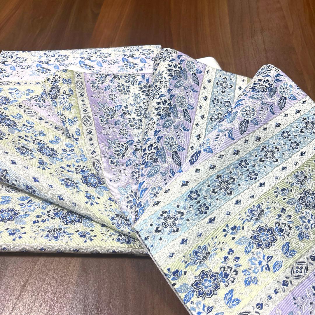 新品未使用品　正絹 西陣織 【2400織 藍染 横軸 花々】