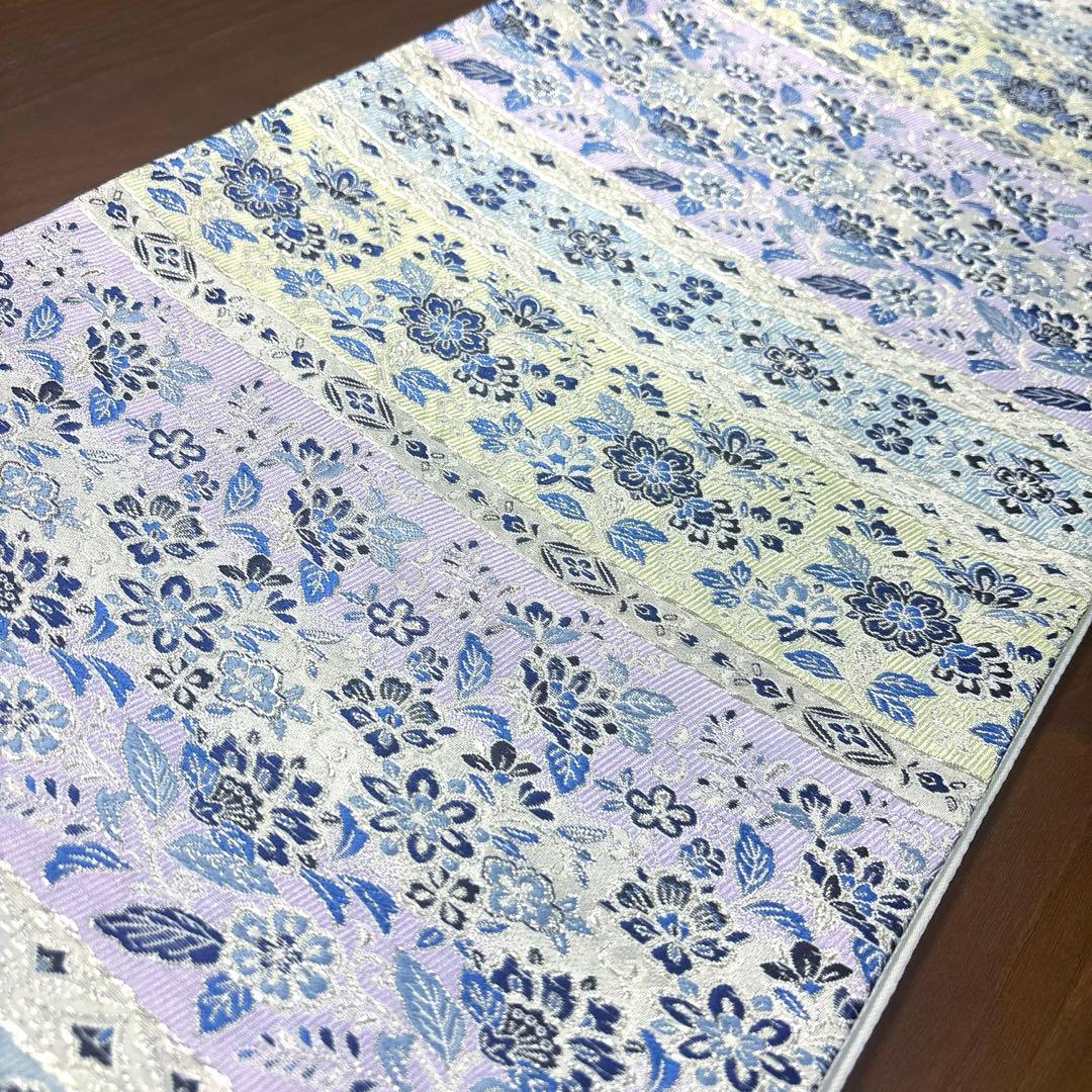 新品未使用品　正絹 西陣織 【2400織 藍染 横軸 花々】