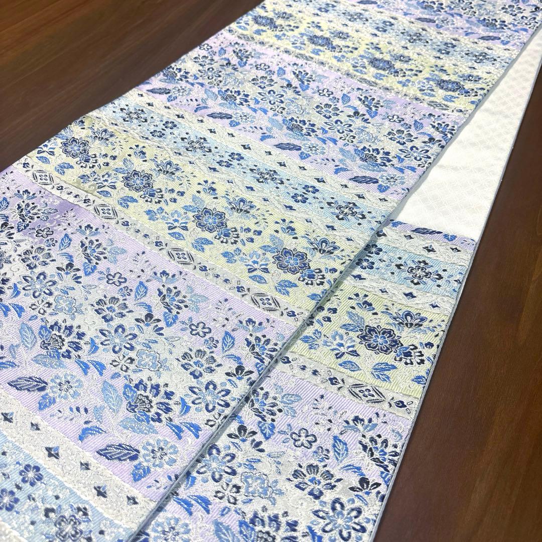 新品未使用品　正絹 西陣織 【2400織 藍染 横軸 花々】