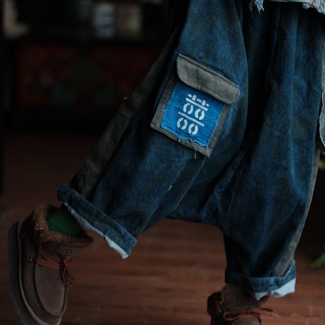 藍染デニムサルエルパンツ 大きなポケット付き