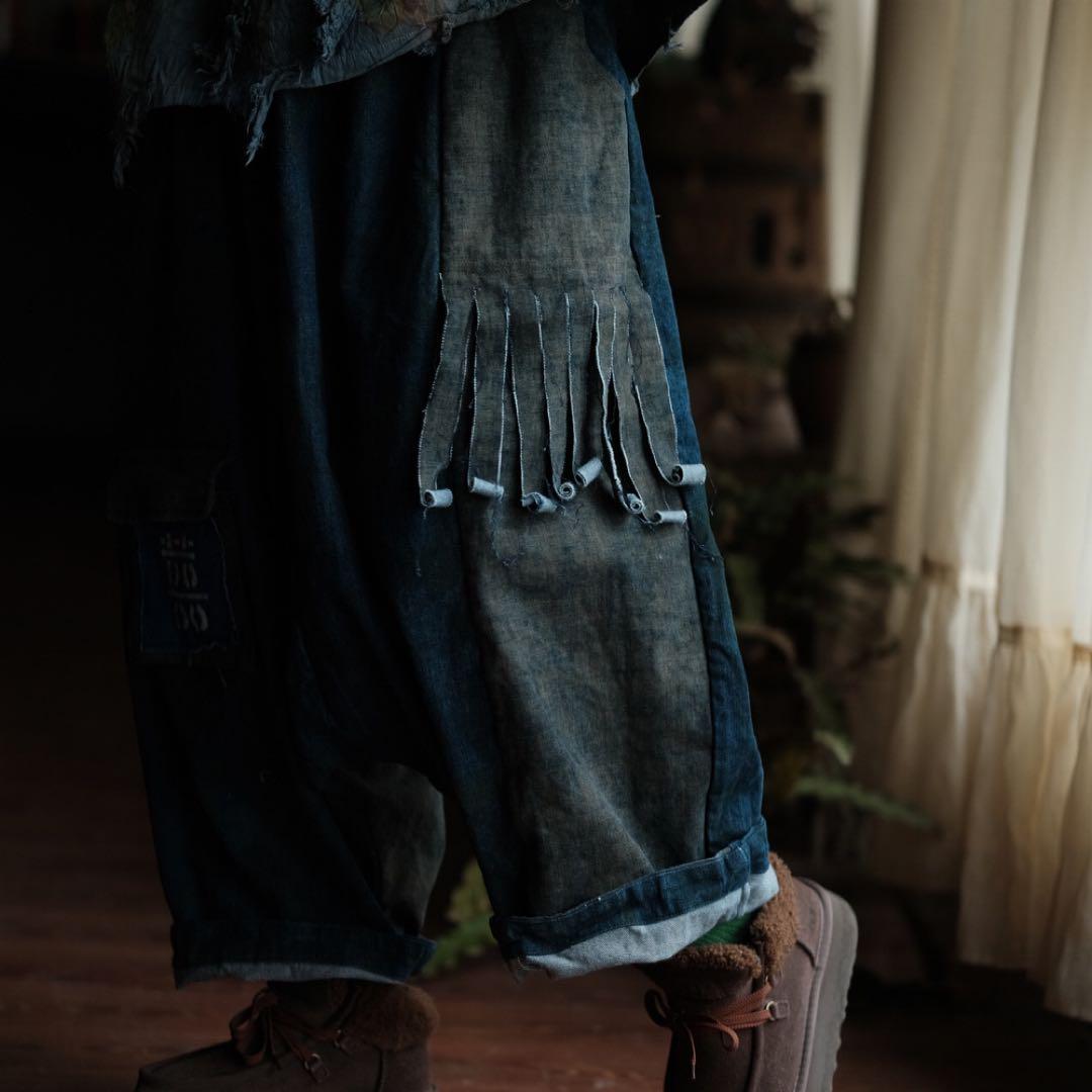 藍染デニムサルエルパンツ 大きなポケット付き