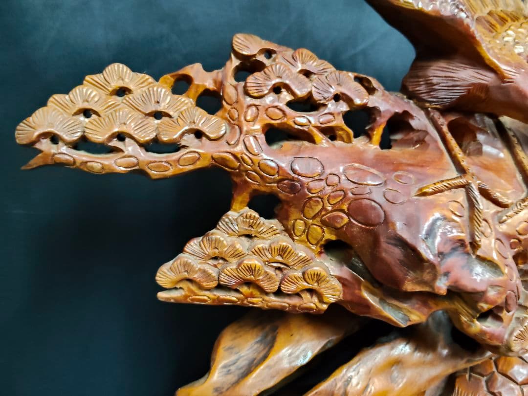 木彫り 鶴と亀の置物 鶴亀 縁起物 和風彫刻