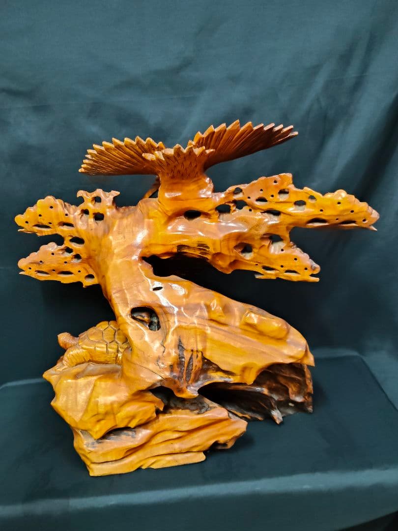 木彫り 鶴と亀の置物 鶴亀 縁起物 和風彫刻