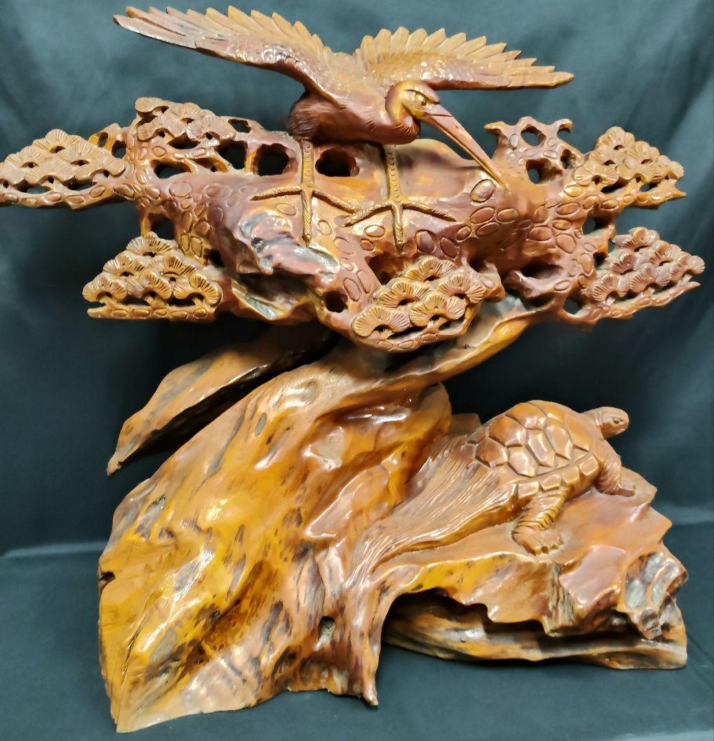 木彫り 鶴と亀の置物 鶴亀 縁起物 和風彫刻