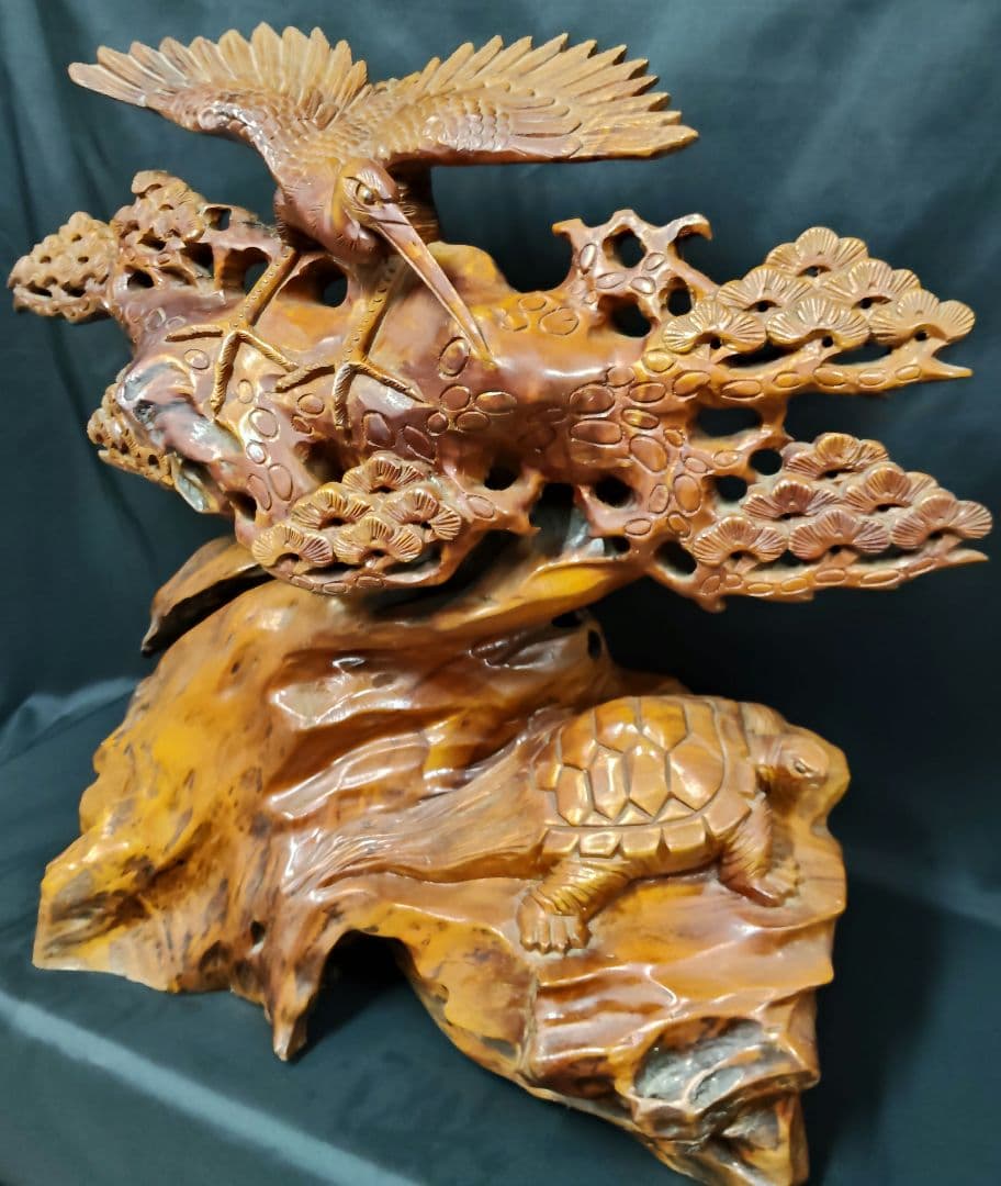 木彫り 鶴と亀の置物 鶴亀 縁起物 和風彫刻