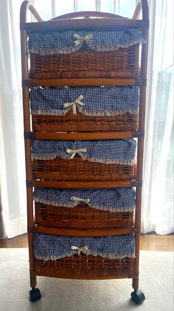 ラタン 5段バスケット収納 昭和レトロ 藤 布カバー付 ナチュラル ヴィンテージ