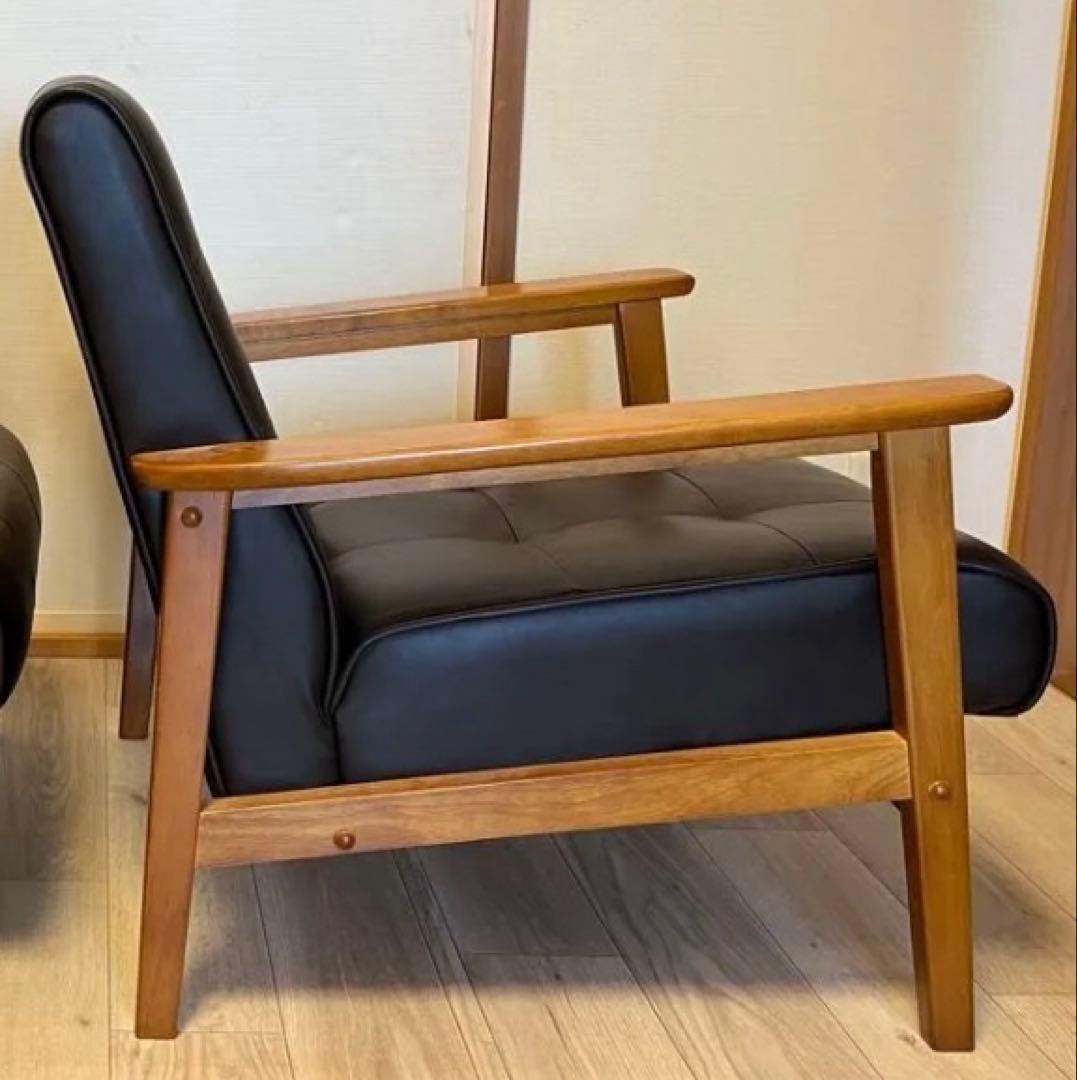 1人掛けソファ ブラウン 木肘 レトロモダン　B