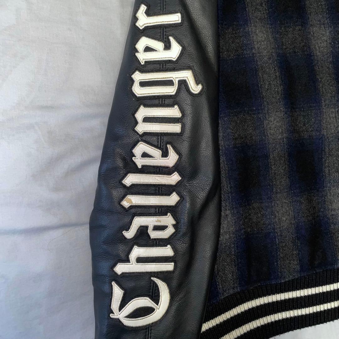 challenger スタジャン　レザー切り替え　オンブレチェック　紺　Mサイズ