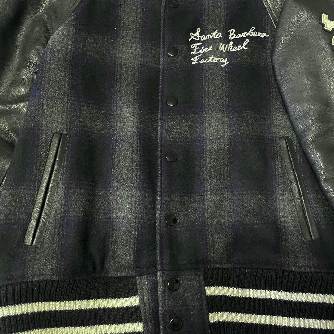 challenger スタジャン　レザー切り替え　オンブレチェック　紺　Mサイズ